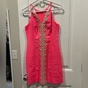 Lilly Pulitzer mini dress, hot pink with gold detail, size 2